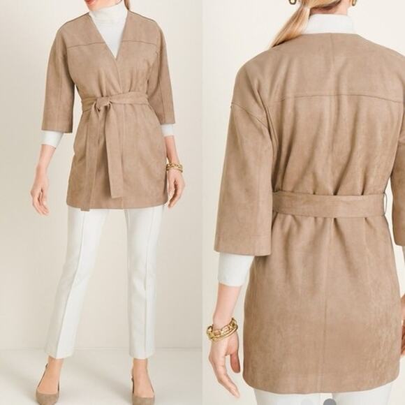 CHICO'S Faux Suede Kimono Coat Patchwork 70s Neutral Professional Belted Jacket - Picture 1 of 12